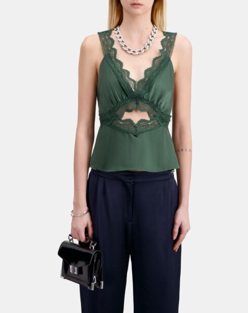 Top en soie avec guipure bois kaki