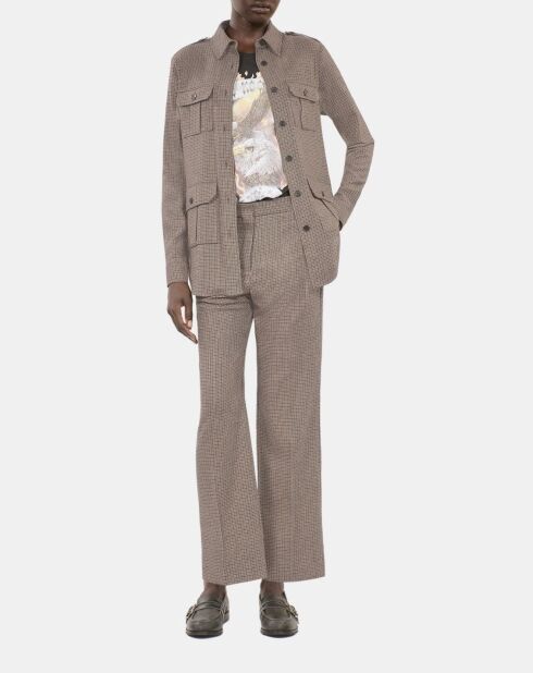 Pantalon tailleur droit pied de poule beige et brun