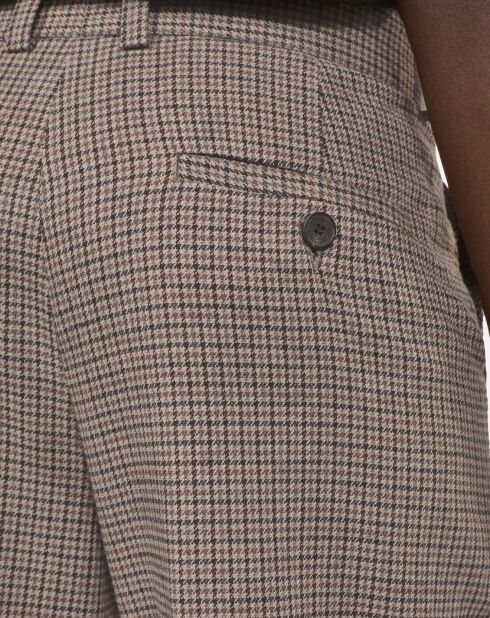 Pantalon tailleur droit pied de poule beige et brun