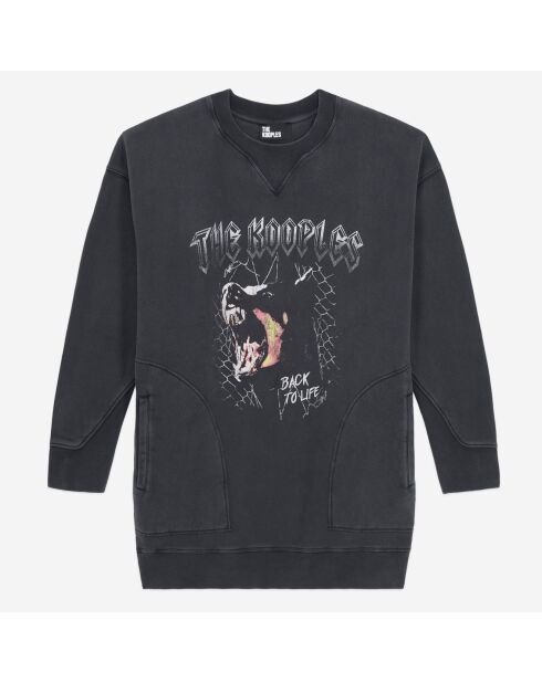 Robe Femme type sweatshirt noire lavé avec sérigraphie Barking dog