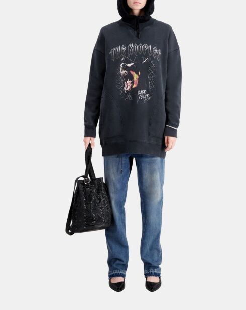Robe Femme type sweatshirt noire lavé avec sérigraphie Barking dog