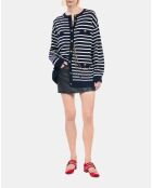 Cardigan 100% laine à rayures blanc et bleu