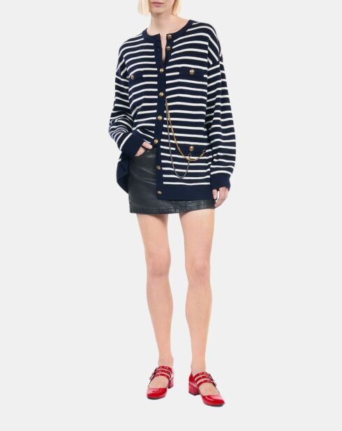 Cardigan 100% laine à rayures blanc et bleu