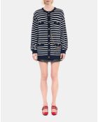 Cardigan 100% laine à rayures blanc et bleu