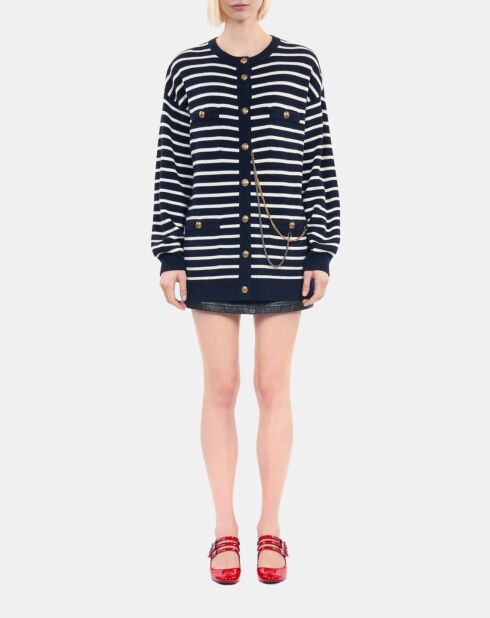 Cardigan 100% laine à rayures blanc et bleu