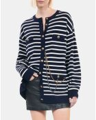 Cardigan 100% laine à rayures blanc et bleu