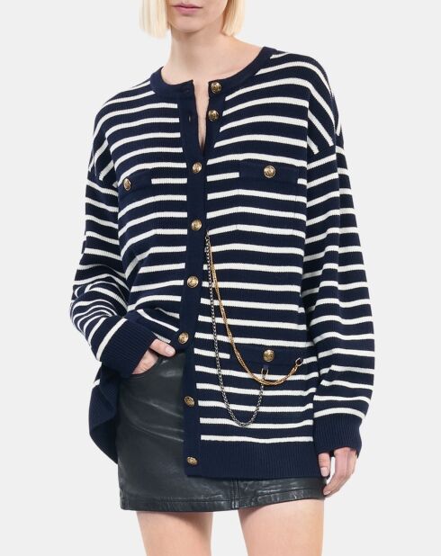 Cardigan 100% laine à rayures blanc et bleu