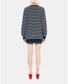 Cardigan 100% laine à rayures blanc et bleu