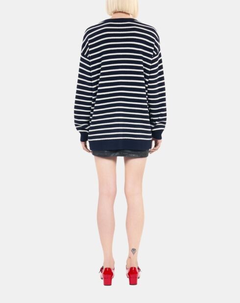 Cardigan 100% laine à rayures blanc et bleu