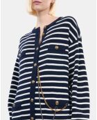 Cardigan 100% laine à rayures blanc et bleu