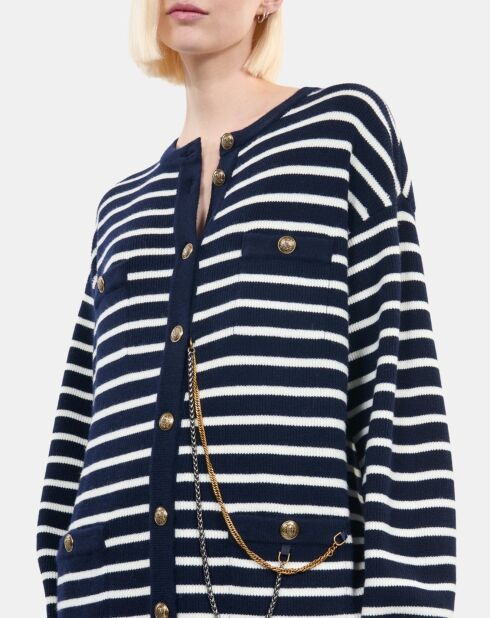 Cardigan 100% laine à rayures blanc et bleu
