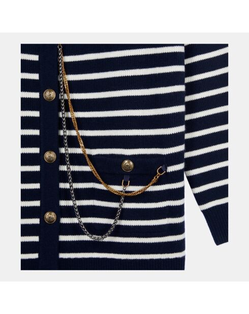 Cardigan 100% laine à rayures blanc et bleu