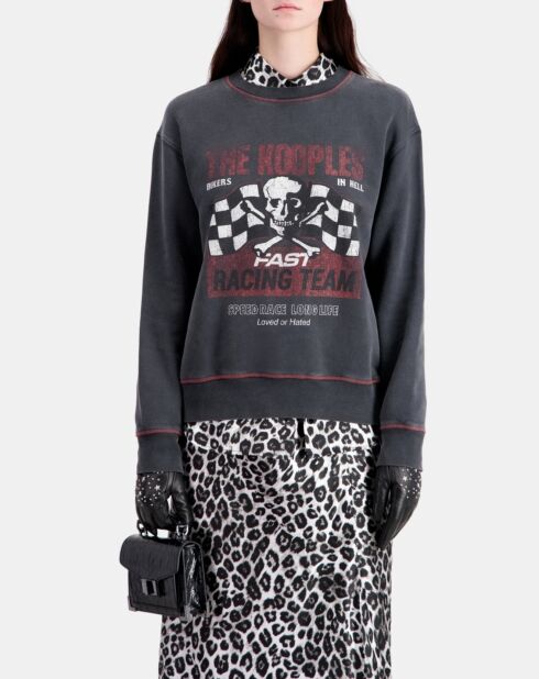 Sweatshirt Femme avec sérigraphie Racing skull noir lavé