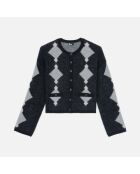 Cardigan en alpaga à losanges noir, gris et blanc
