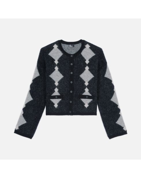 Cardigan en alpaga à losanges noir, gris et blanc