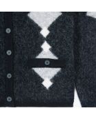 Cardigan en alpaga à losanges noir, gris et blanc