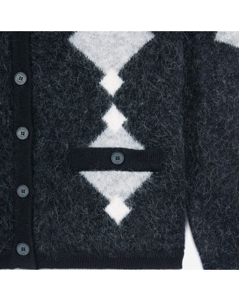 Cardigan en alpaga à losanges noir, gris et blanc