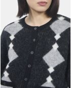 Cardigan en alpaga à losanges noir, gris et blanc