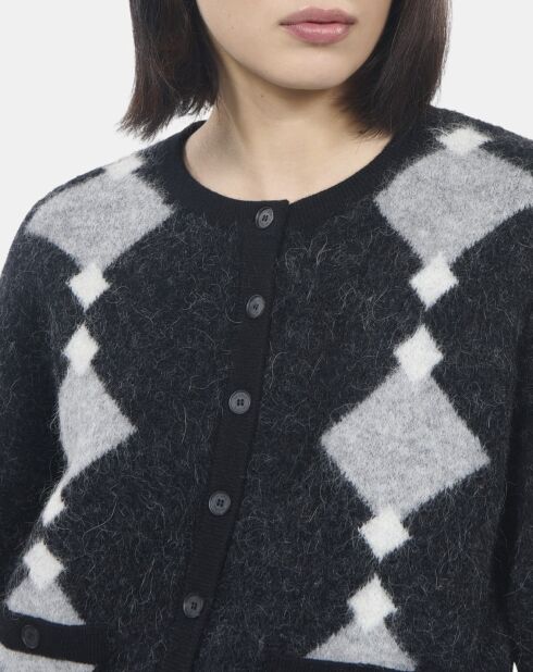 Cardigan en alpaga à losanges noir, gris et blanc