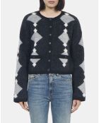 Cardigan en alpaga à losanges noir, gris et blanc