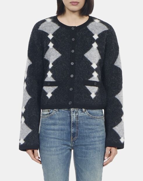 Cardigan en alpaga à losanges noir, gris et blanc