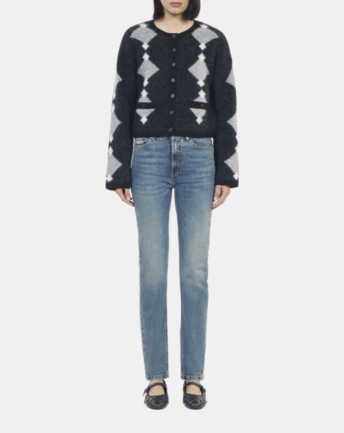 Cardigan en alpaga à losanges noir, gris et blanc