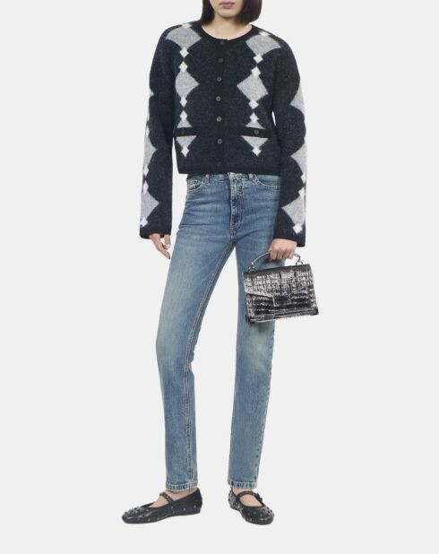 Cardigan en alpaga à losanges noir, gris et blanc