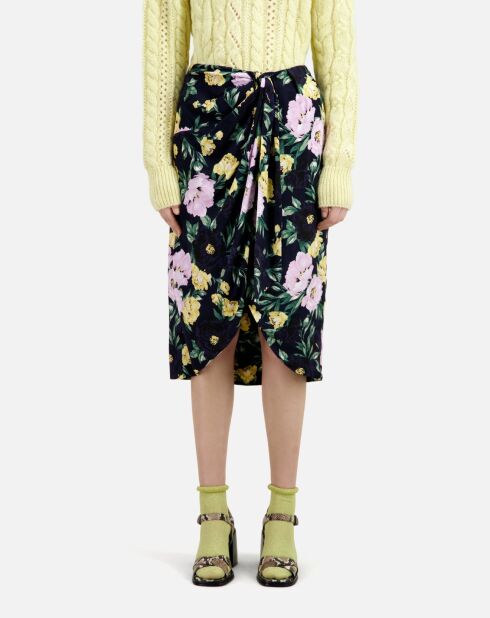 Jupe midi fleurie rose clair et bleu marine