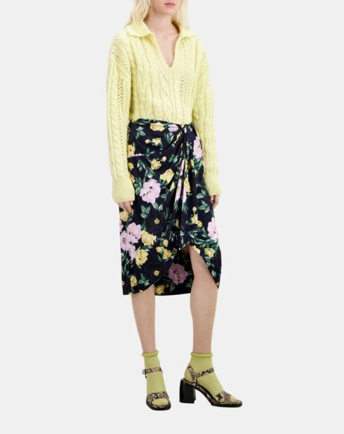 Jupe midi fleurie rose clair et bleu marine