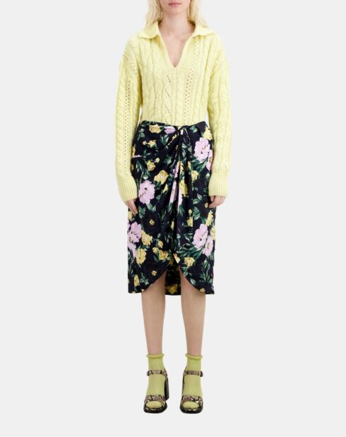 Jupe midi fleurie rose clair et bleu marine