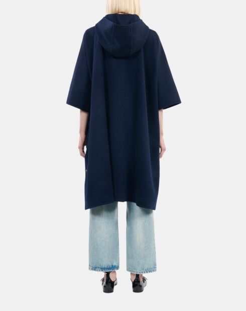 Cape longue à capuche en laine mélangée bleu marine