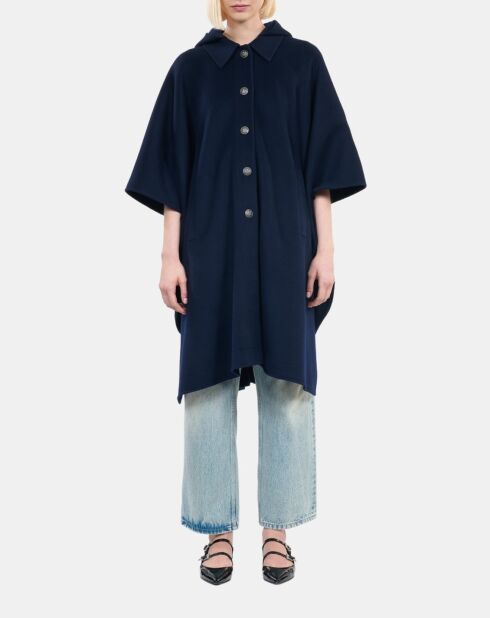 Cape longue à capuche en laine mélangée bleu marine