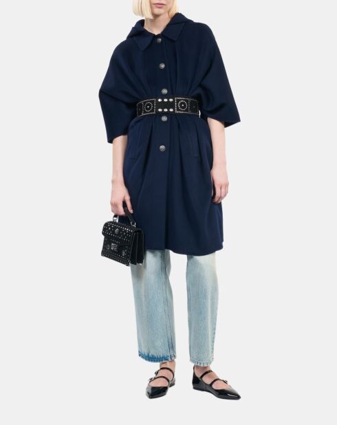 Cape longue à capuche en laine mélangée bleu marine