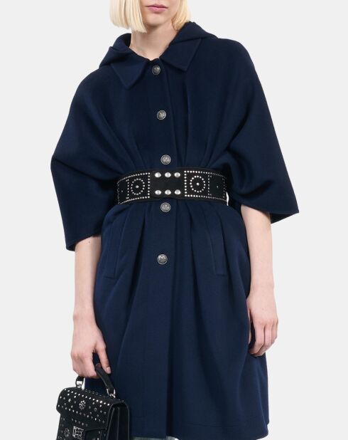 Cape longue à capuche en laine mélangée bleu marine