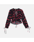 Top court à imprimé avec volants noir/cerise