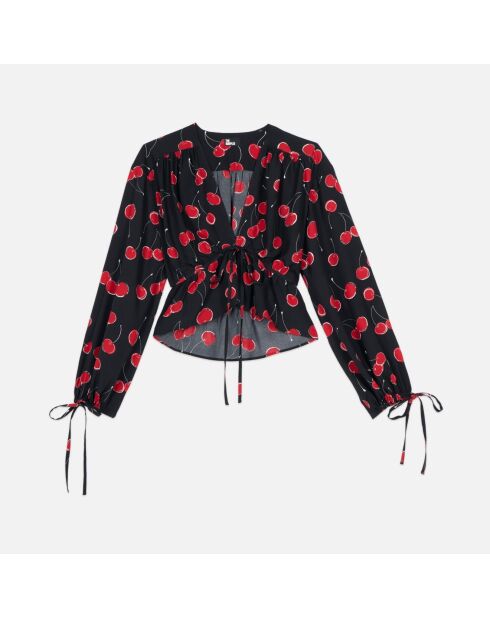 Top court à imprimé avec volants noir/cerise