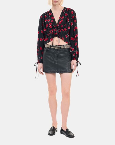 Top court à imprimé avec volants noir/cerise