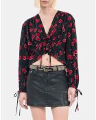 Top court à imprimé avec volants noir/cerise