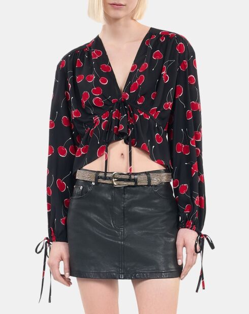 Top court à imprimé avec volants noir/cerise