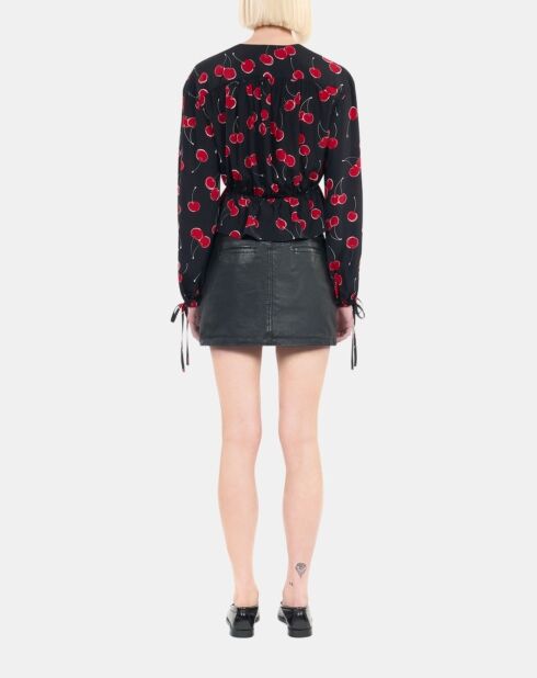 Top court à imprimé avec volants noir/cerise