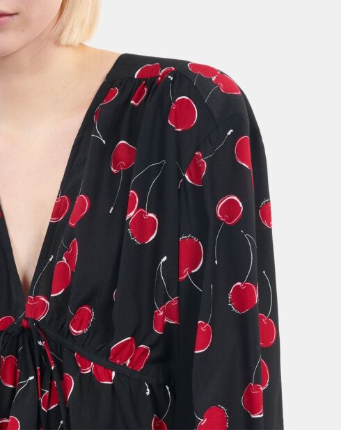 Top court à imprimé avec volants noir/cerise