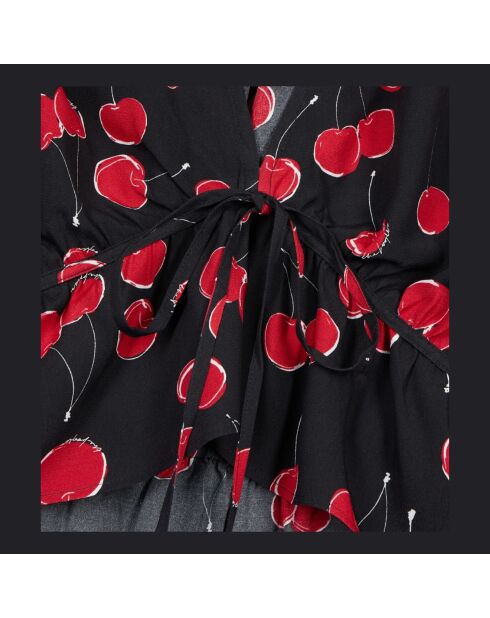 Top court à imprimé avec volants noir/cerise