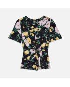 Top fleuri avec drapé rose clair et bleu marine