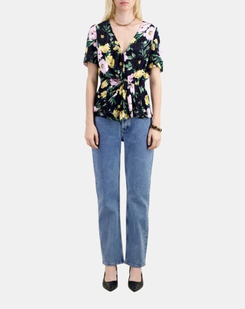 Top fleuri avec drapé rose clair et bleu marine