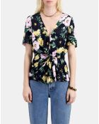 Top fleuri avec drapé rose clair et bleu marine