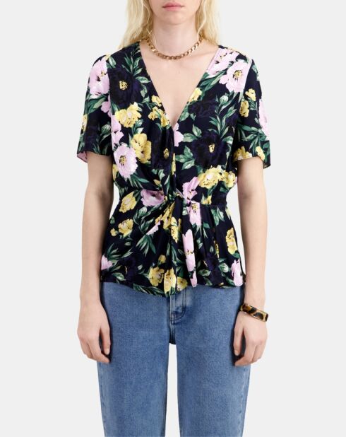 Top fleuri avec drapé rose clair et bleu marine