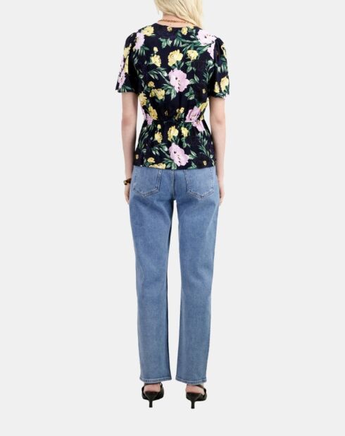 Top fleuri avec drapé rose clair et bleu marine