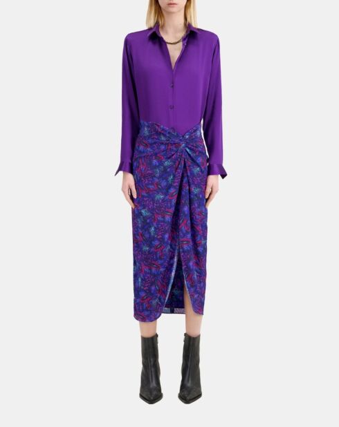 Jupe midi imprimée en soie bleue et rouge