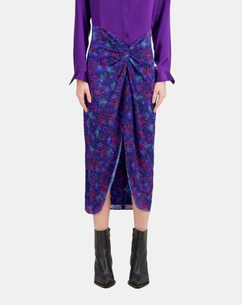 Jupe midi imprimée en soie bleue et rouge