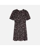 Robe courte imprimée avec boutonnage en soie noire et rouge